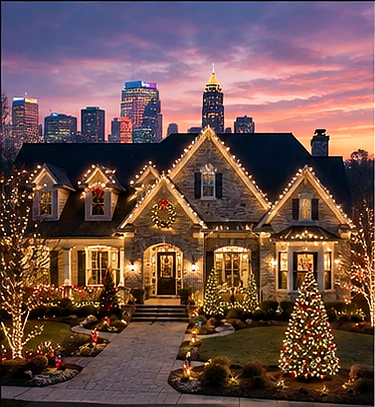 Professionally installed warm white Christmas lights on an Atlanta home at sunset