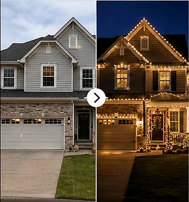 Before and after comparison of an Atlanta home transformed with professional Christmas lights