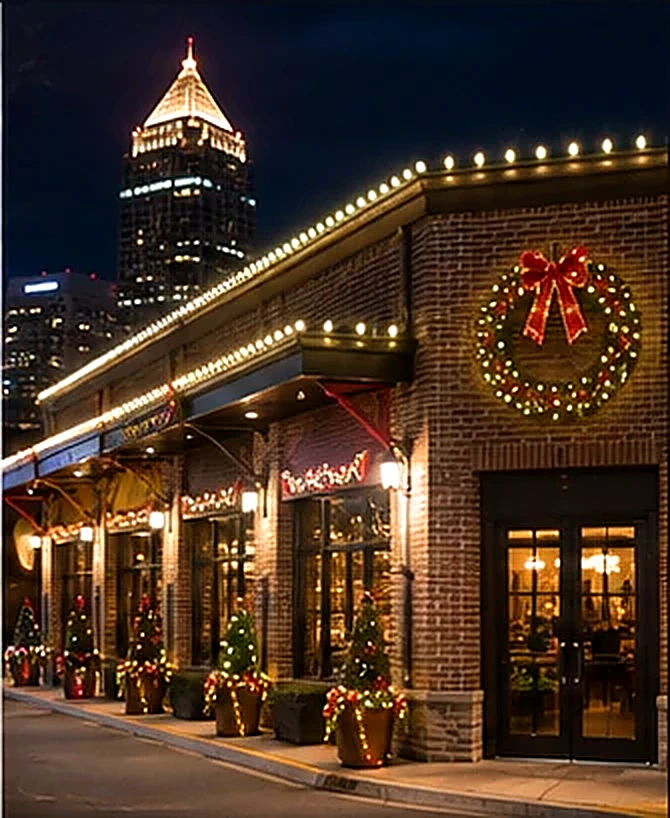 Commercial building decorated with warm white roofline lights and a large Christmas wreath in Atlanta