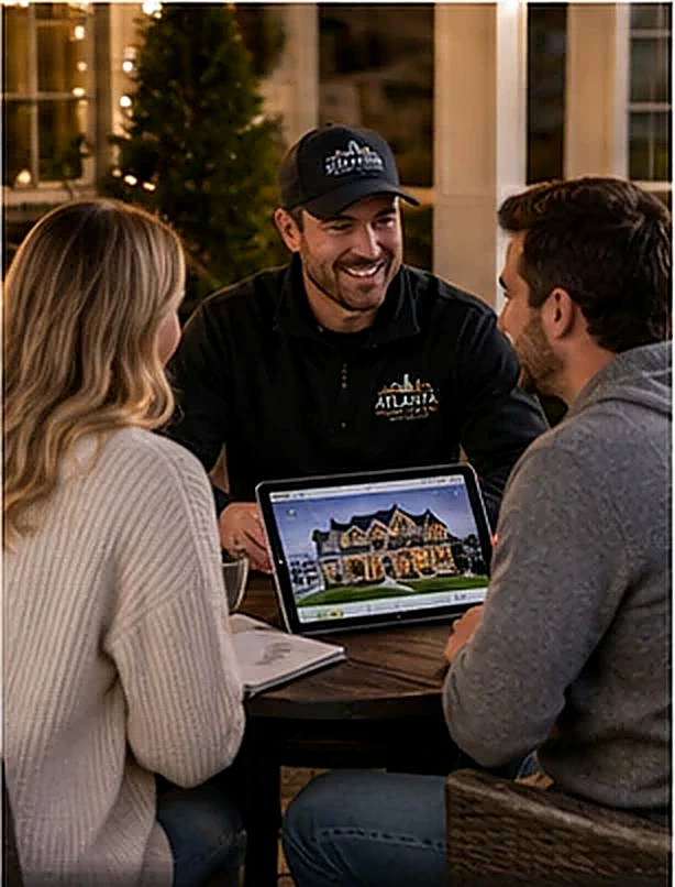 Atlanta holiday lighting designer showing a custom Christmas light plan to homeowners