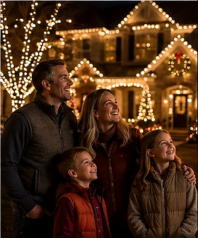 Family enjoying professionally installed Christmas lights outside their Atlanta home