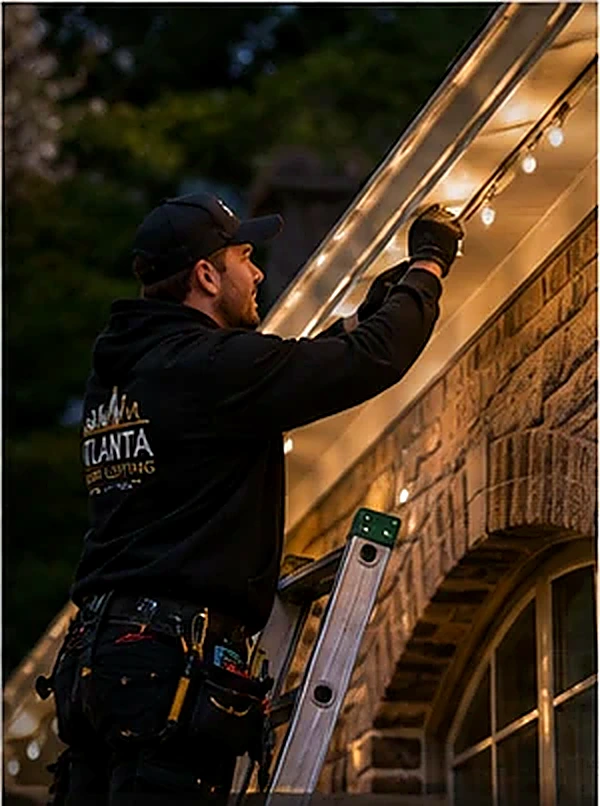Holiday lighting technician repairing roofline Christmas lights on an Atlanta home