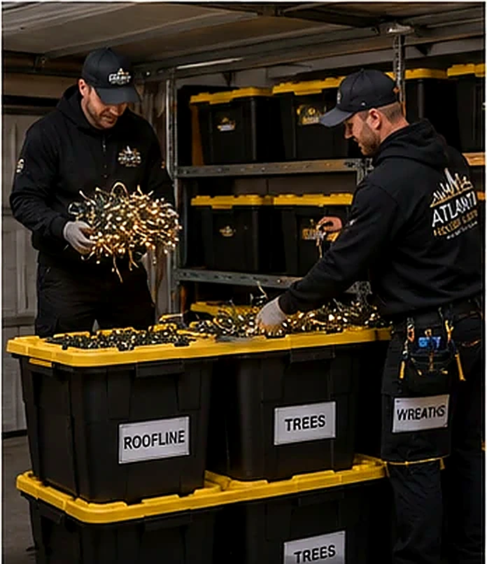 Atlanta holiday lighting crew organizing Christmas lights for takedown and storage