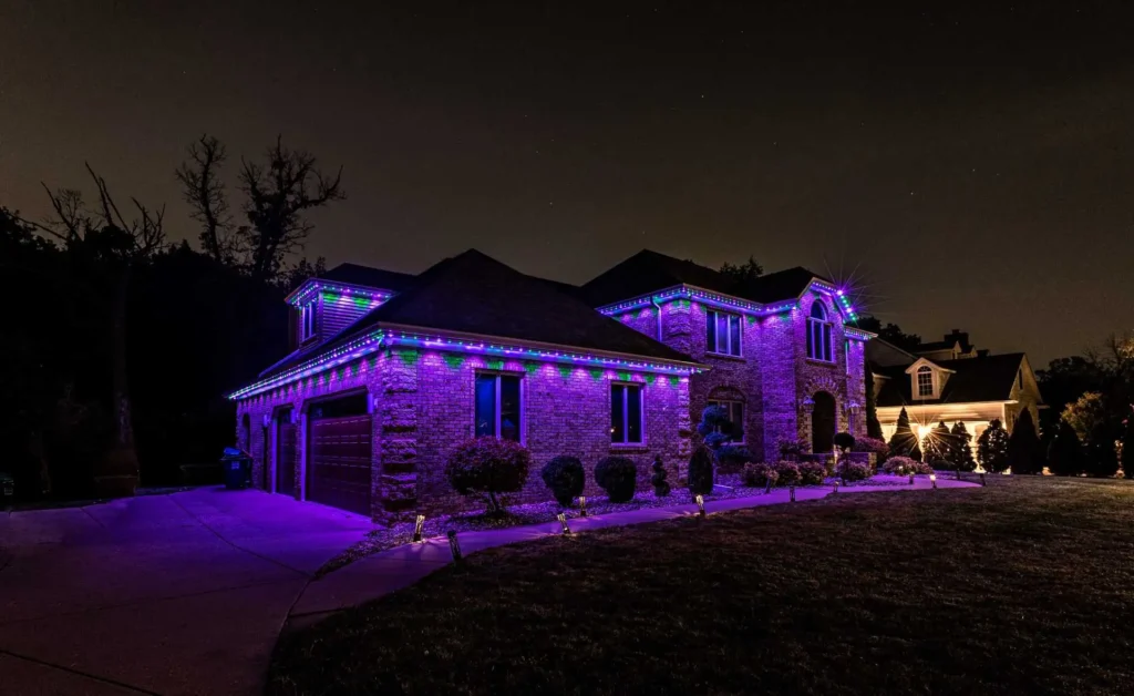 Atlanta residence with permanent multicolor lighting across the roofline and exterior