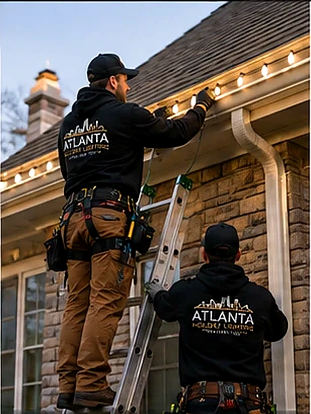 Professional Atlanta Christmas light installers mounting roofline lights from ladders