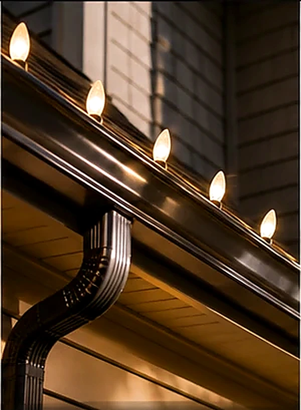 Close-up of warm white Christmas lights installed along a roofline and gutter