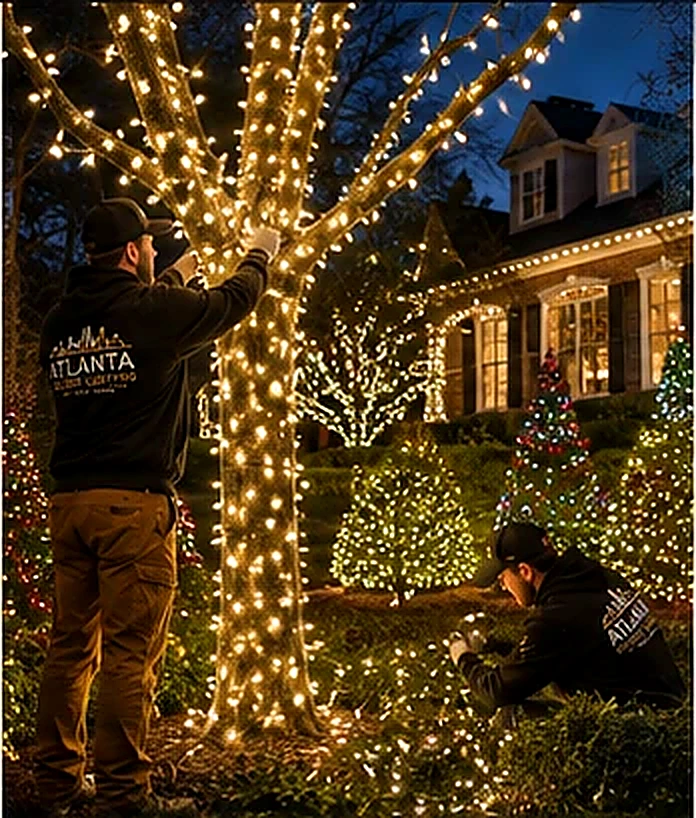 Holiday lighting professionals wrapping a large tree and landscaping with warm white lights